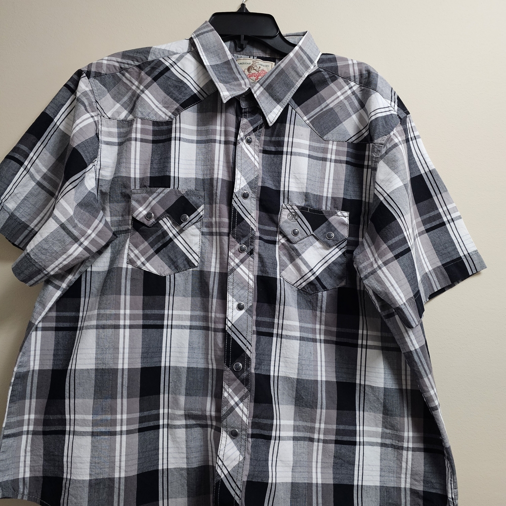 Wrangler Men's XXL Western Pearl Snap Shirt Short Sleeve Plaid Black & Gray